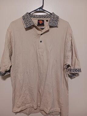 Safari  Womens Beige  with Leopard Print Trim Shirt Medium A-27